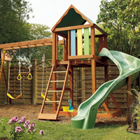 Design an outdoor play structure for a safe area within the landscape. 