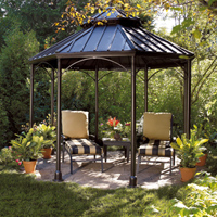 Create a cozy island in the middle of the landscape with a gazebo.