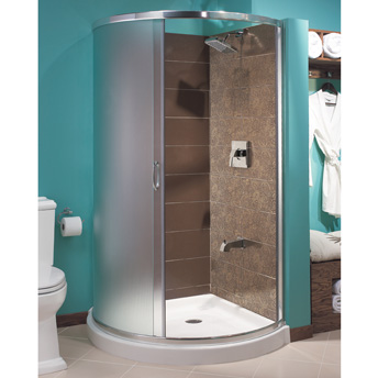 Tiled shower with preformed base and glass doors