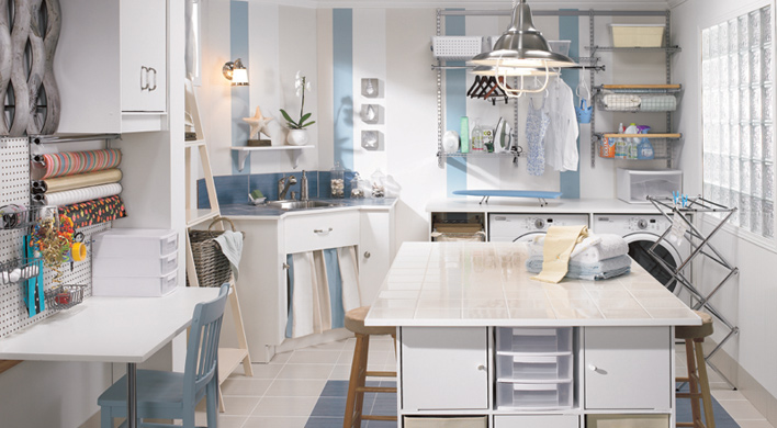 Multipurpose laundry room with centre work island