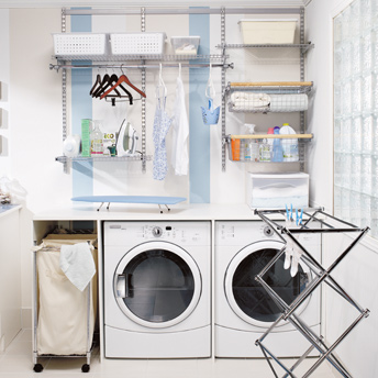 Vibrant laundry room with storage and work space
