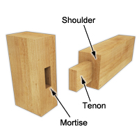 Example of wood assembly technique with tenon and mortise joint