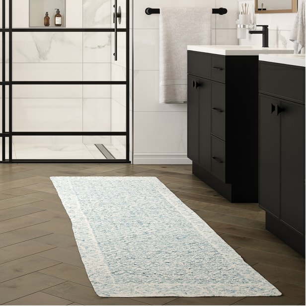 Artmaison Canada 18 in. x 42 in. Non Slip Designer Kitchen Art Mat Long Vinyl Rug Decorative Floor Mat Runner Rug, White/ Blue/ Taupe