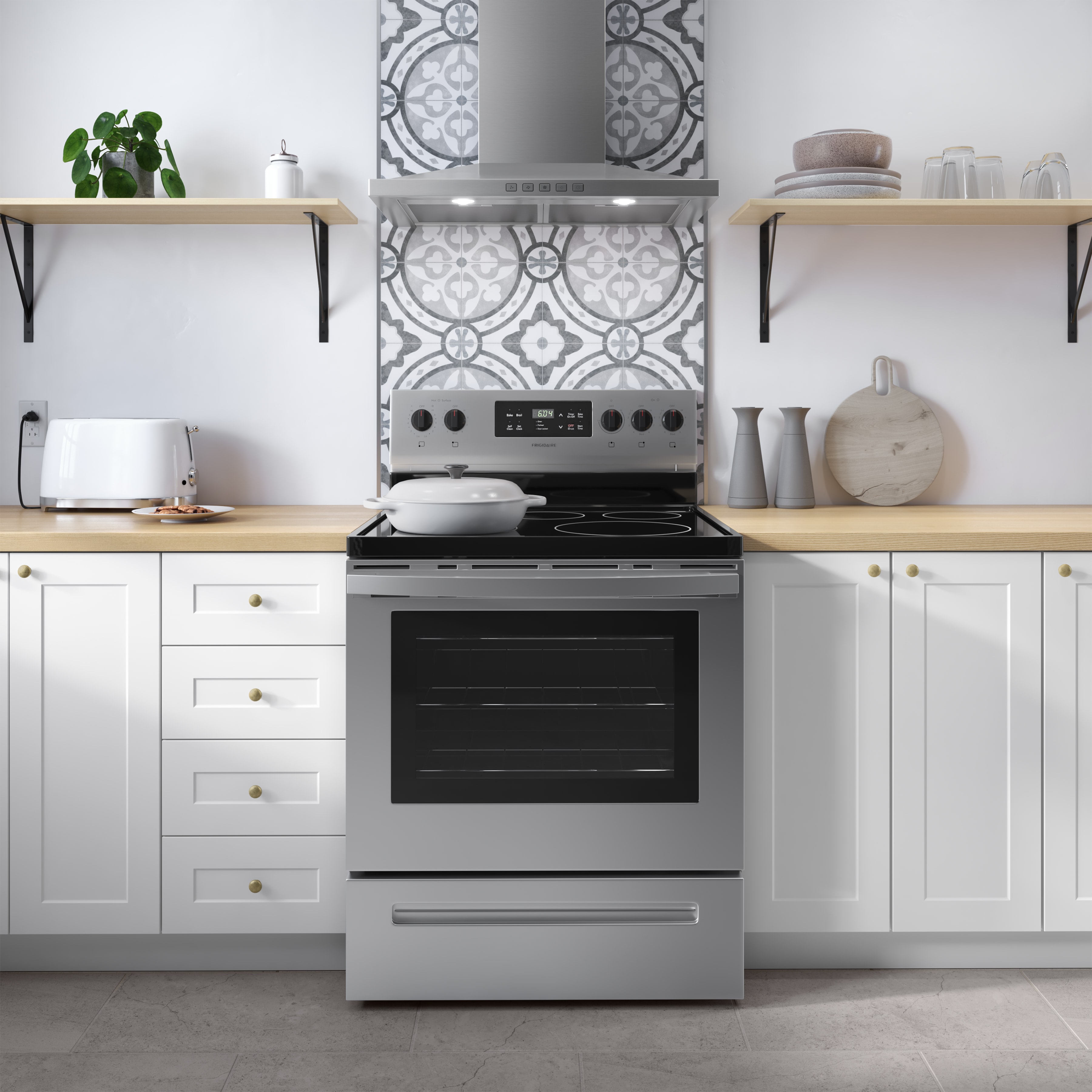Bright kitchen with patterned wall tile