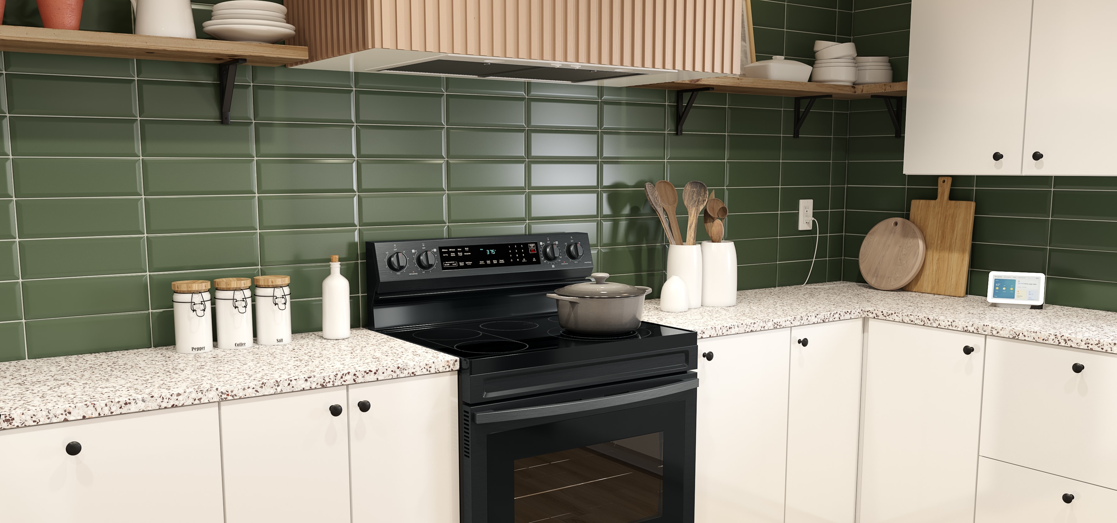 Kitchen with a green backsplash and a terrazzo countertop Kitchen with a green backsplash and a terrazzo countertop