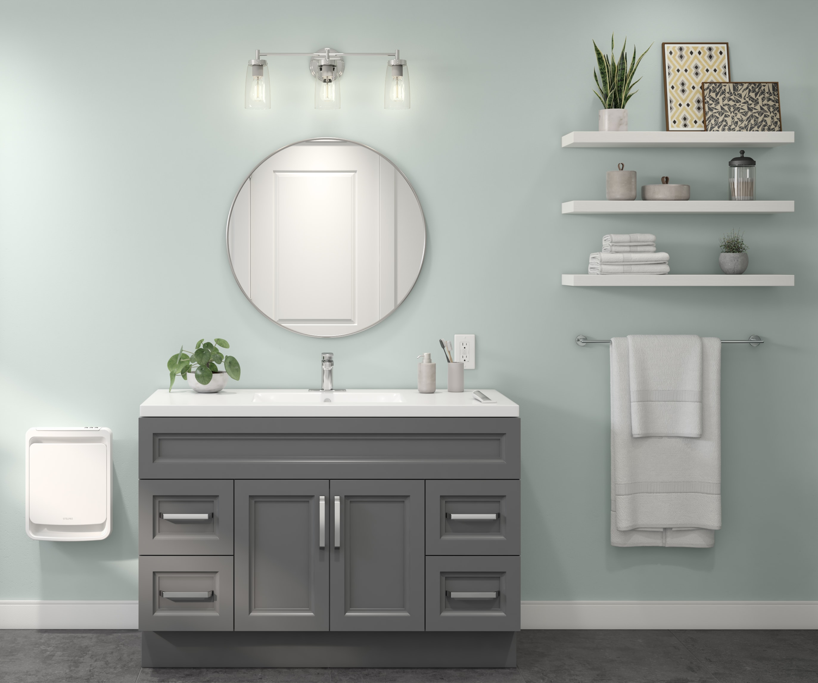 Grey bathroom vanity with three wall shelves