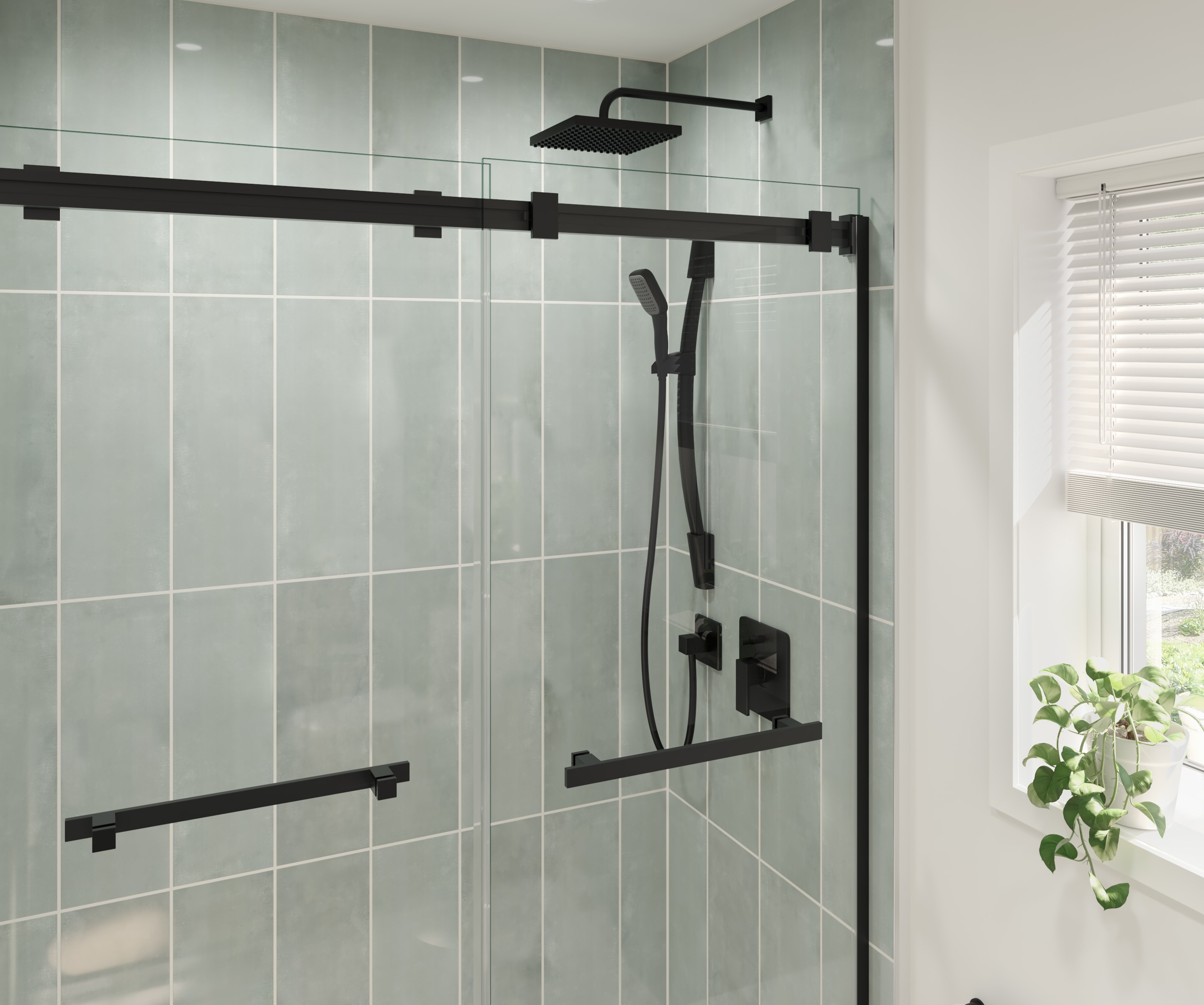 Shower with wall tiles and matte black plumbing