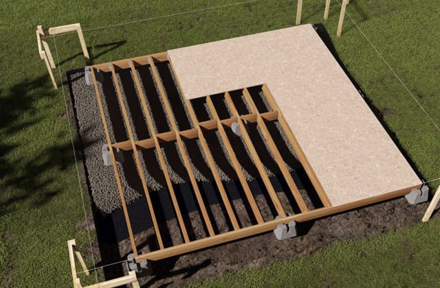 Foundation and floor of a wooden shed