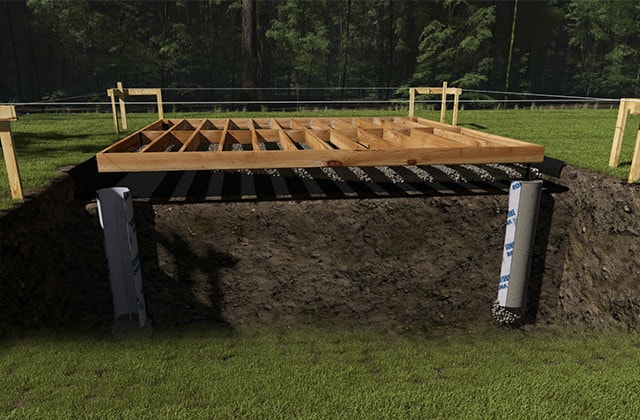 Shed foundation using concrete piers and lumber