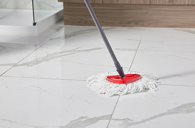 Person mopping a bathroom floor