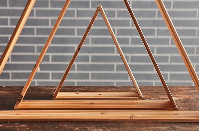 Trois triangles en bois enlignés
