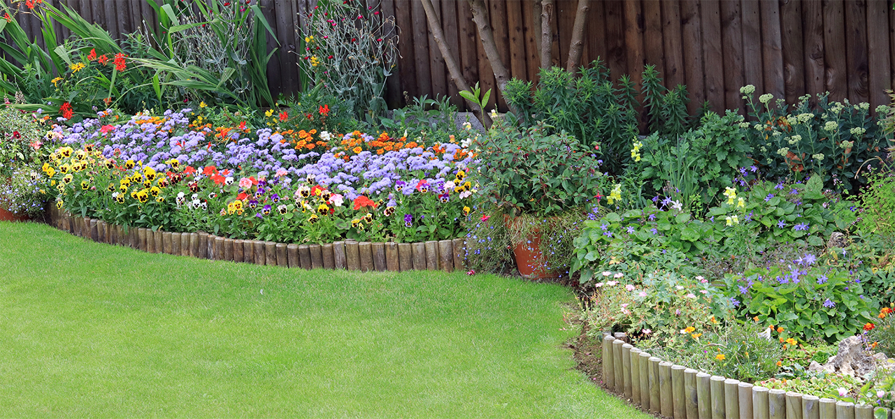 Flower bed with a wooden lawn edging