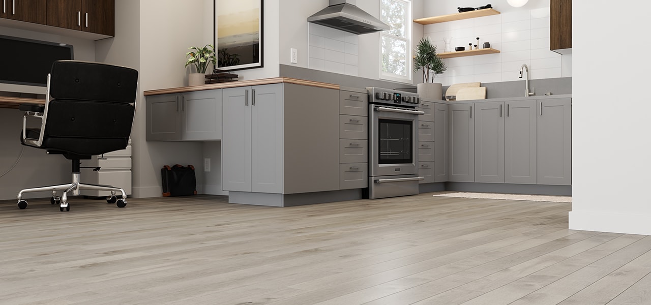 Kitchen with light grey hardwood flooring