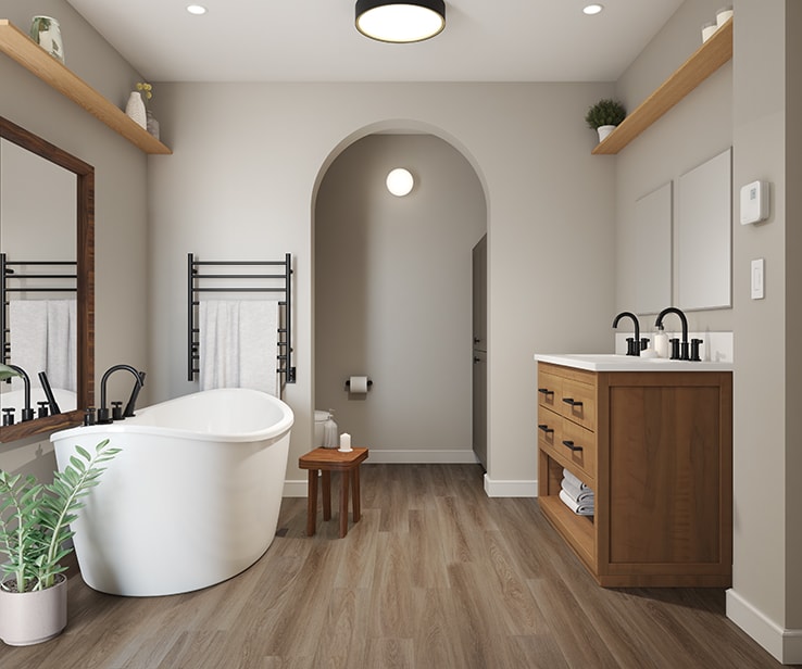 Bathroom with brown faux wood floating floor