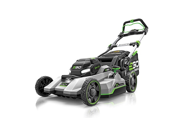 A battery-powered lawnmower on a white background