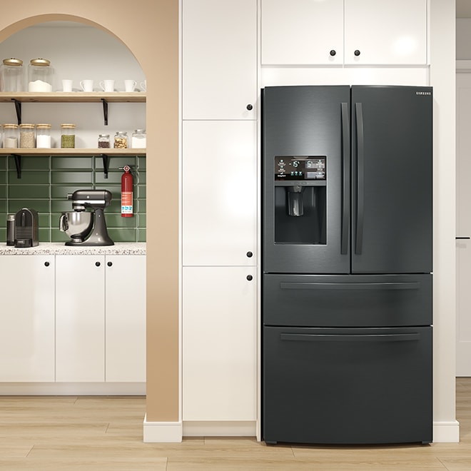 Black fridge in a vintage-looking kitchen