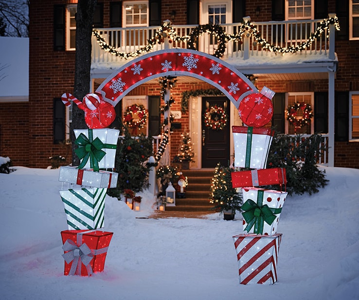 Lighted arch in front of a home