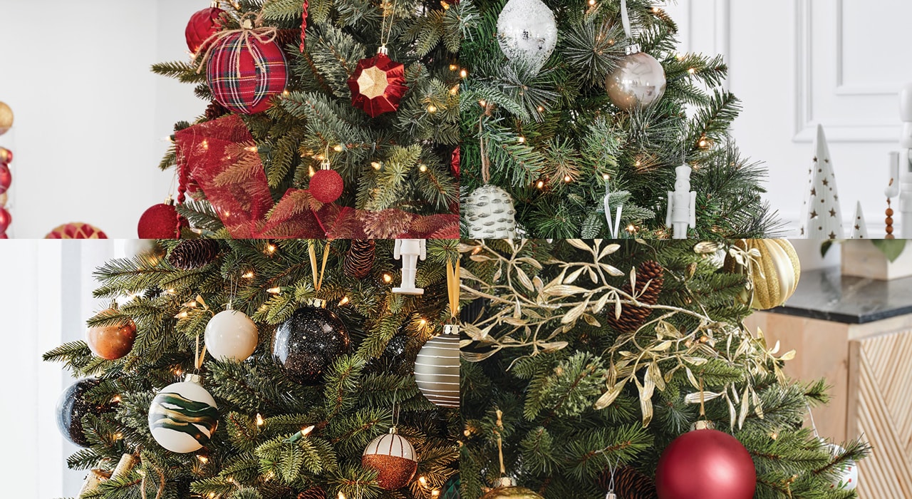 Collage of 4 decorated artificial Christmas trees Collage of 4 decorated artificial Christmas trees