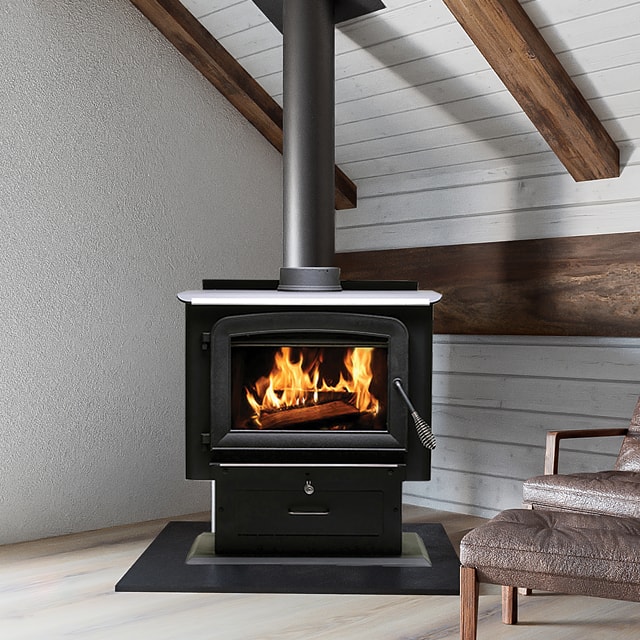 Matte black wood stove