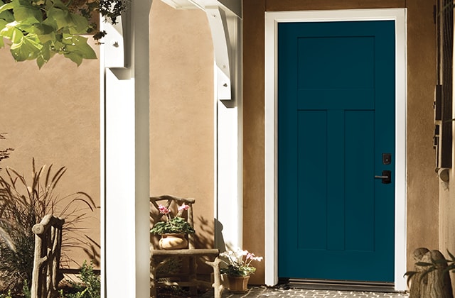 Exterior door painted in blue