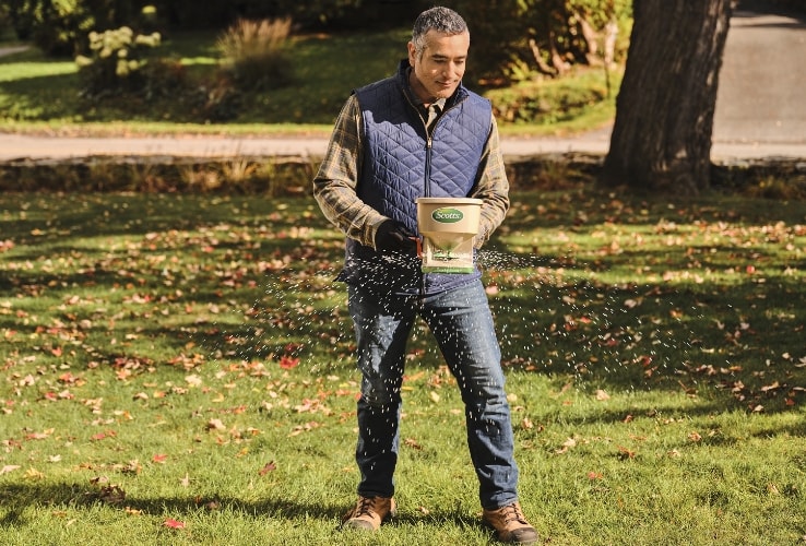 Person spreading lawn fertilizer Person spreading lawn fertilizer