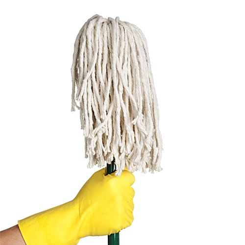 Gloved hand holding a mop Gloved hand holding a mop