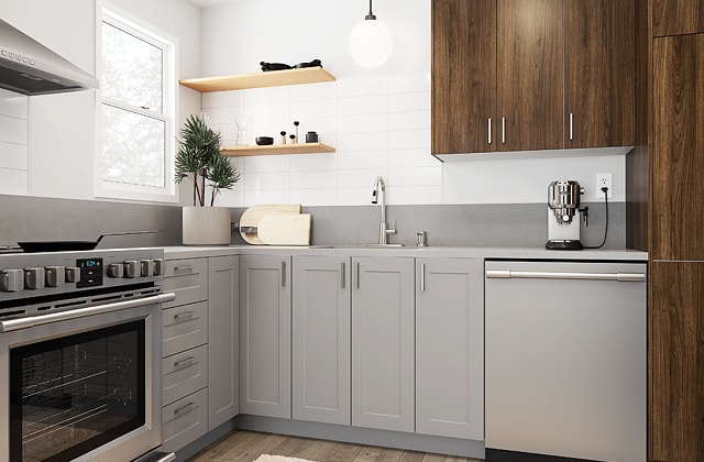 Modern kitchen with grey and wood cabinets
