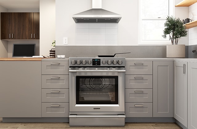 Grey kitchen cabinets with stove and range hood