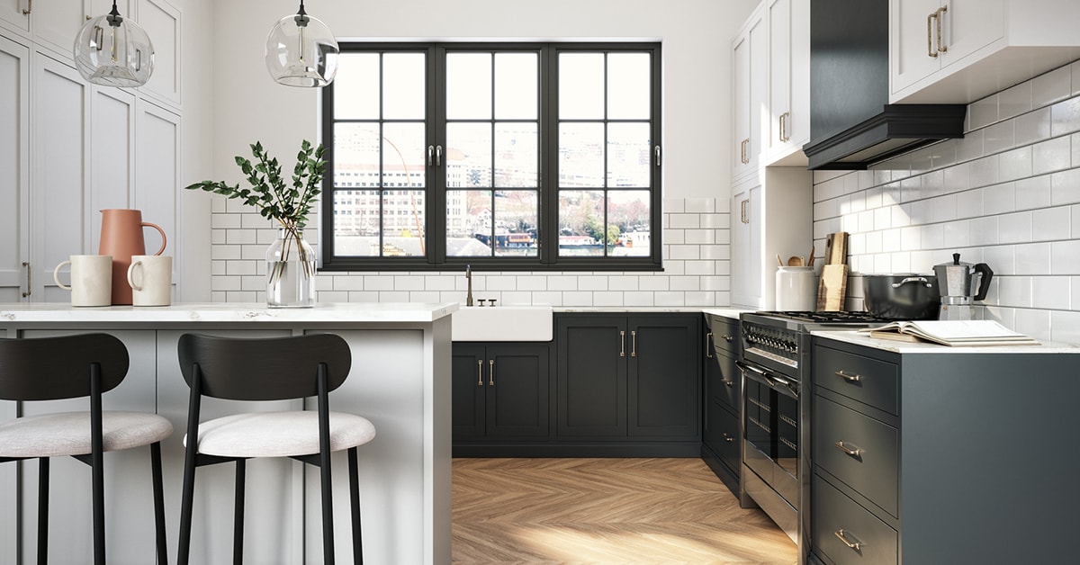 Modern kitchen with black and white cabinets