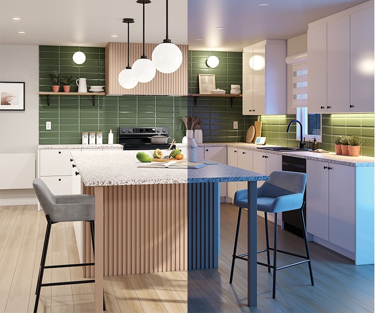 Same kitchen with two different atmospheres