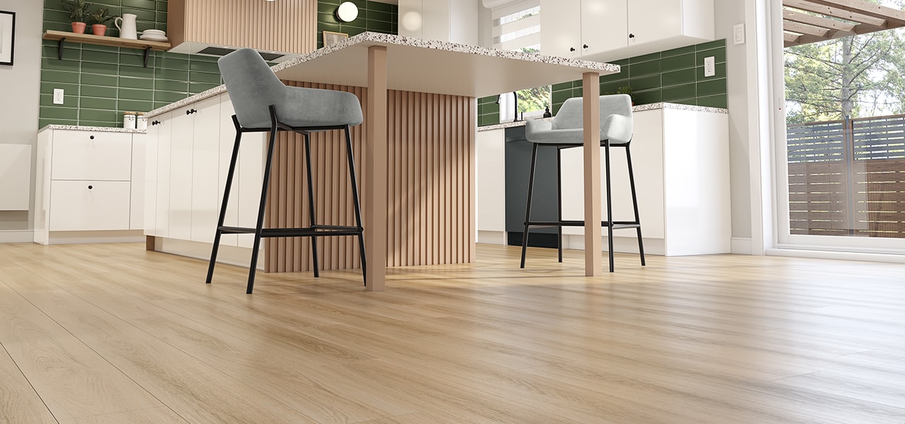 Scandinavian kitchen with a faux wood vinyl floor