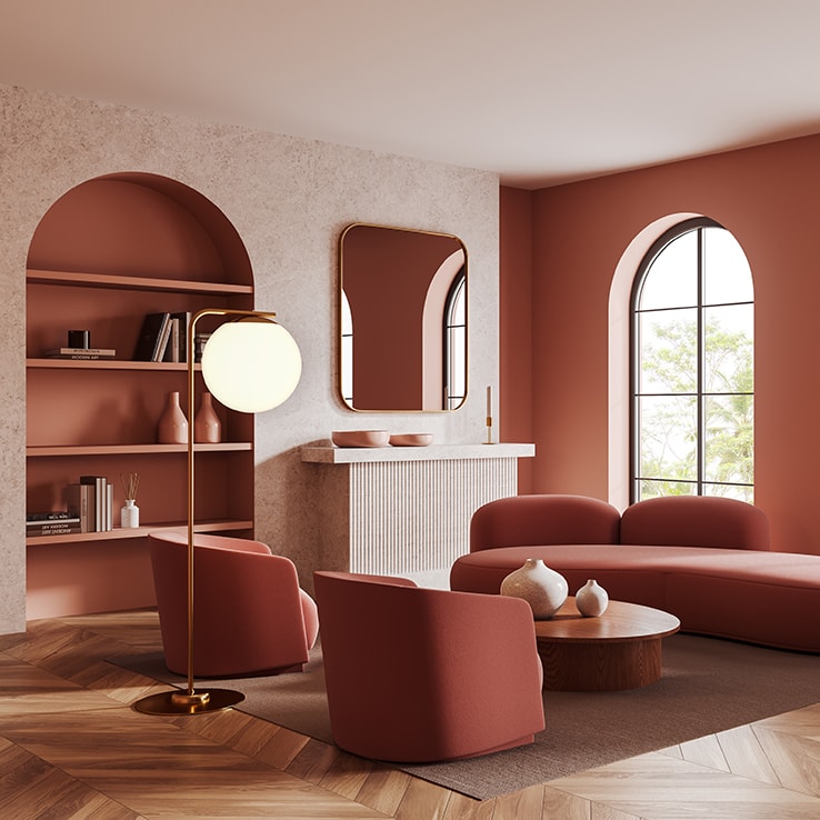 Colourful living room with arches and curved shapes