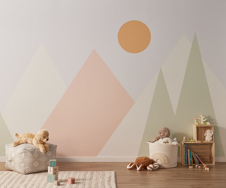 Kids bedroom with a colourful painted mural