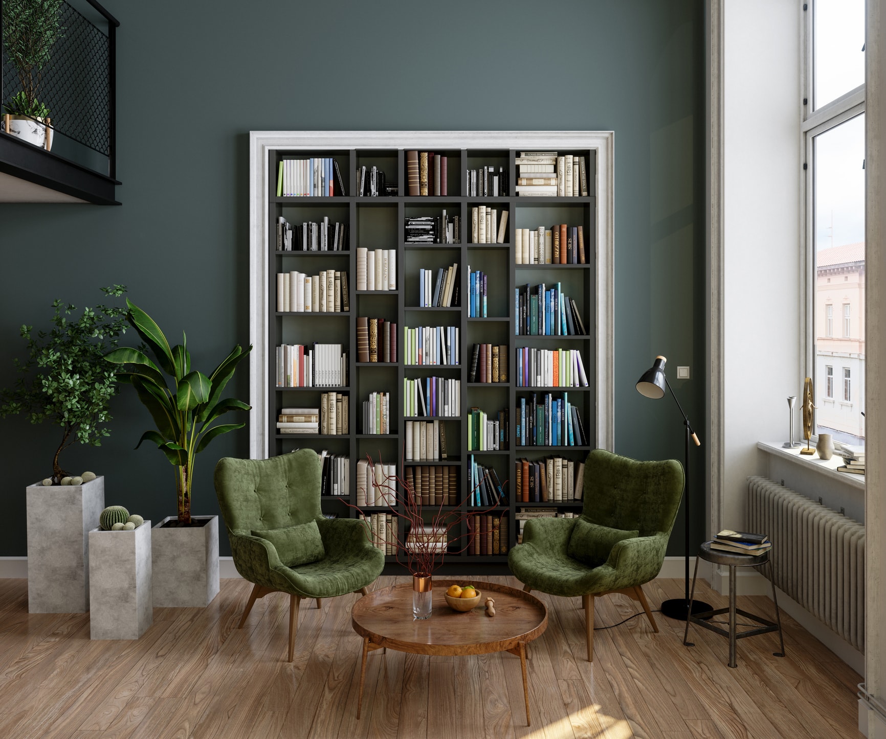 Living room with a big bookshelf and eclectic decor