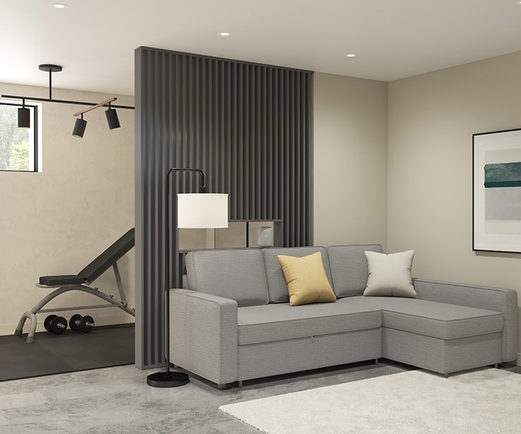 Family room with a wood slat partition wall