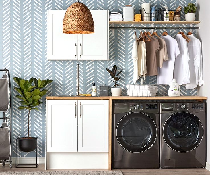 Laundry room with a Herringbone accent wall