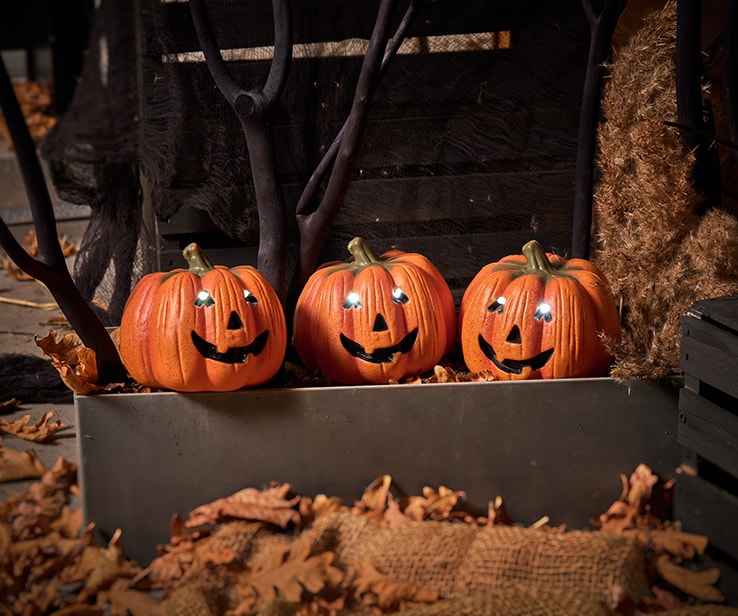 Set of three decorative pumpkins on a porch
