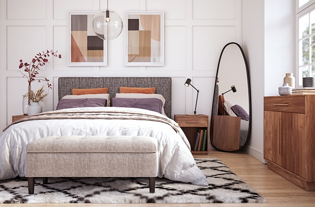 Modern bedroom with a large carpet under the bed