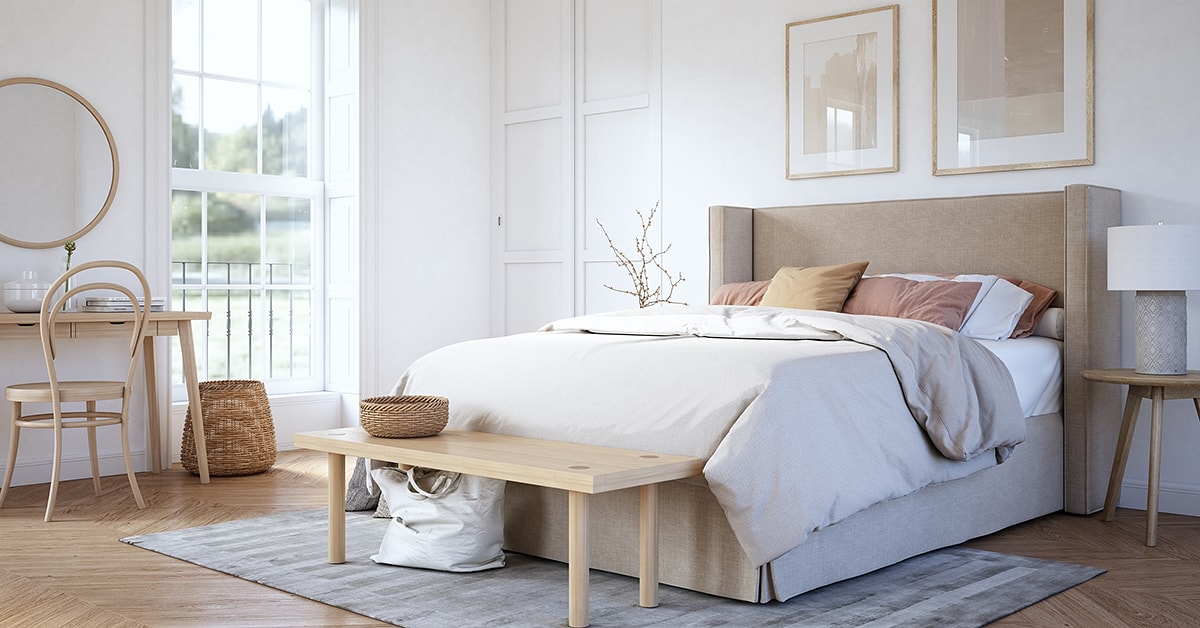 Welcoming and trendy bedroom with wooden accents