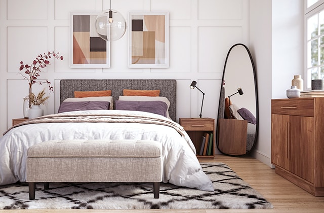 Chambre à coucher moderne avec un grand tapis et des matières naturelles