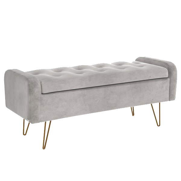 Grey velvet ottoman with a storage compartment