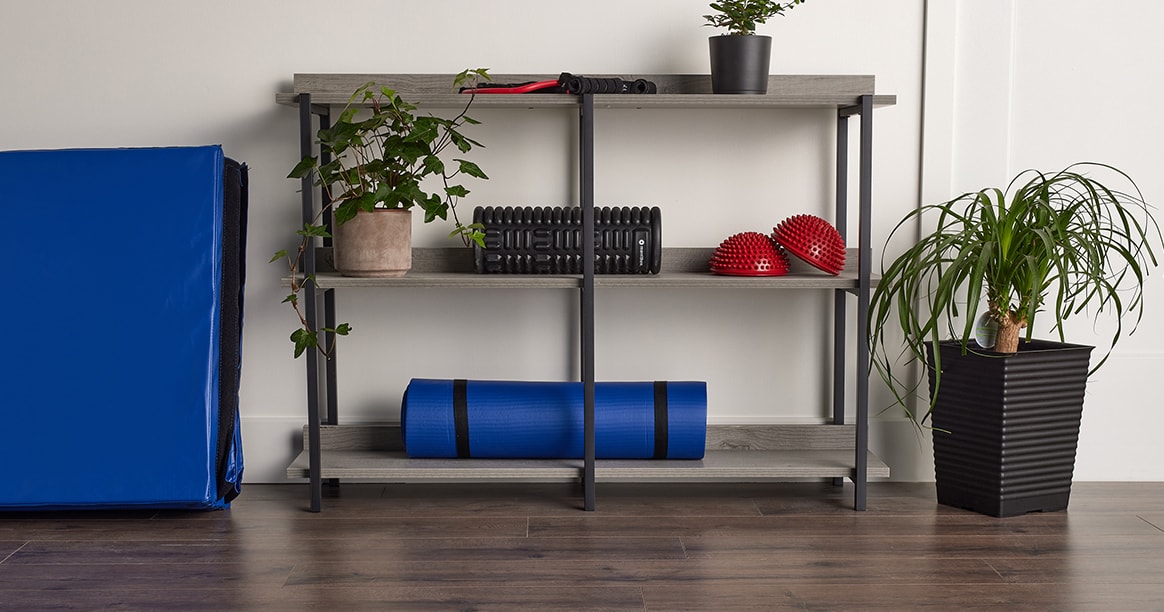 Small shelving unit in a gym space