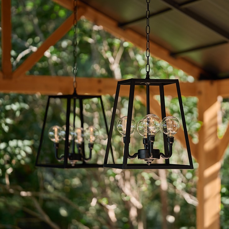 Two outdoor pendant lights in a gazebo