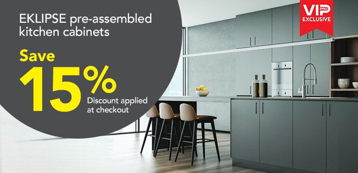Pros save 15% on EKLIPSE pre-assembled kitchen cabinets.
