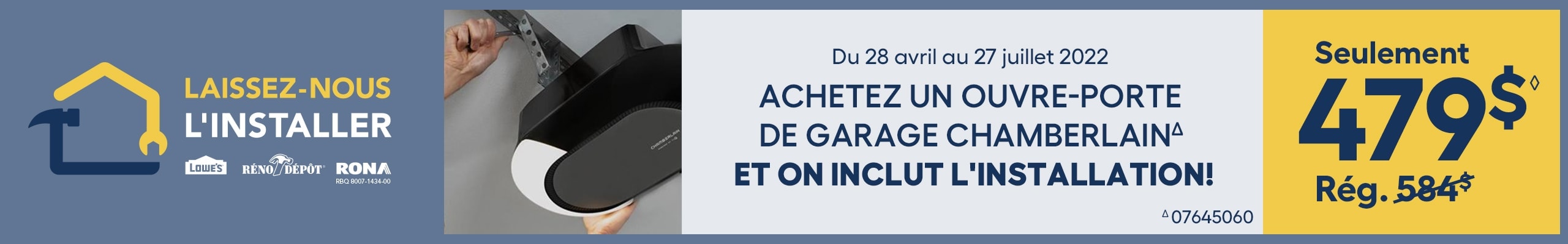 Offre combinée: Ouvre-porte de garage Chamberlain et l'installation pour 479$