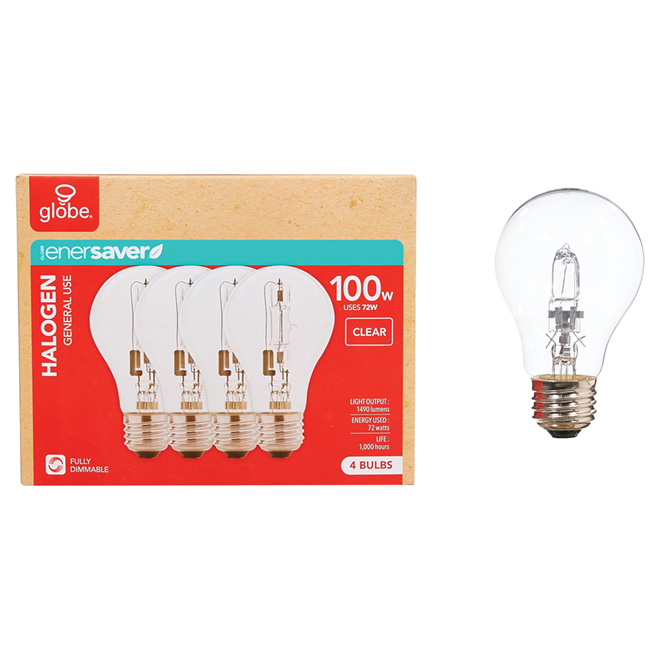 72W Halogen Dimmable A19 Bulb - Clear - 4 Pack