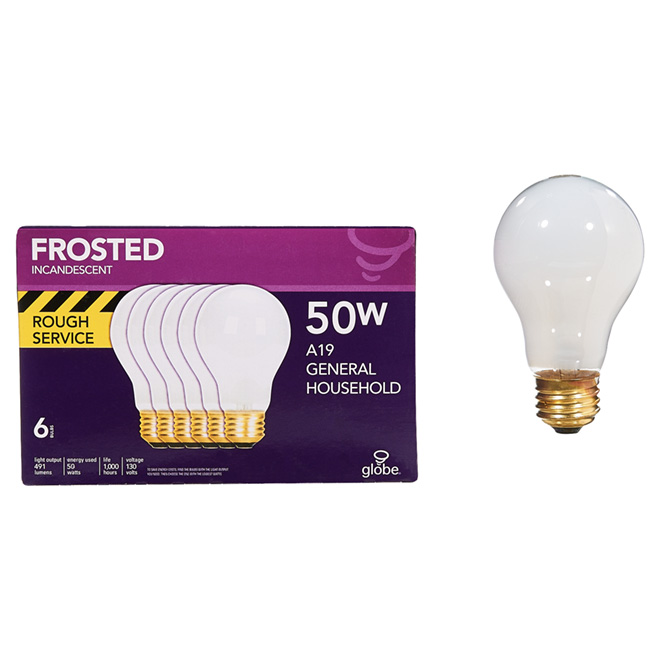 Rough Service Incandescent Bulb, A19, 50W - Pack of 6
