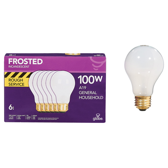 Rough Service Incandescent Bulb, A19, 100W - Pack of 6