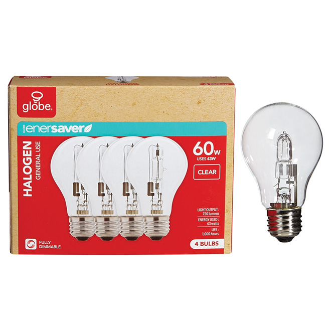 4-Pack 43 W A19 Clear Halogen Bulbs