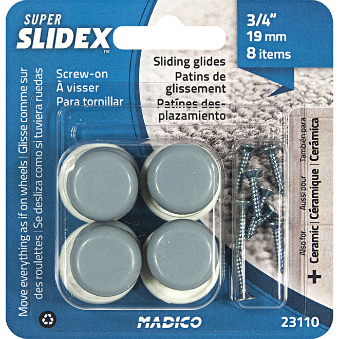 Patins de glissement à visser, ronds, 3/4", 8/pq